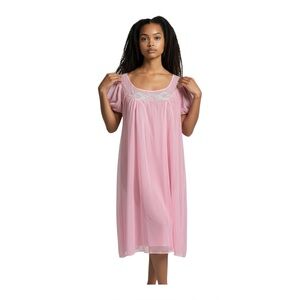 Vintage 70’s Chiffon Pastel Pink Semi Sheer Puff Sleeve Feminine Nightie